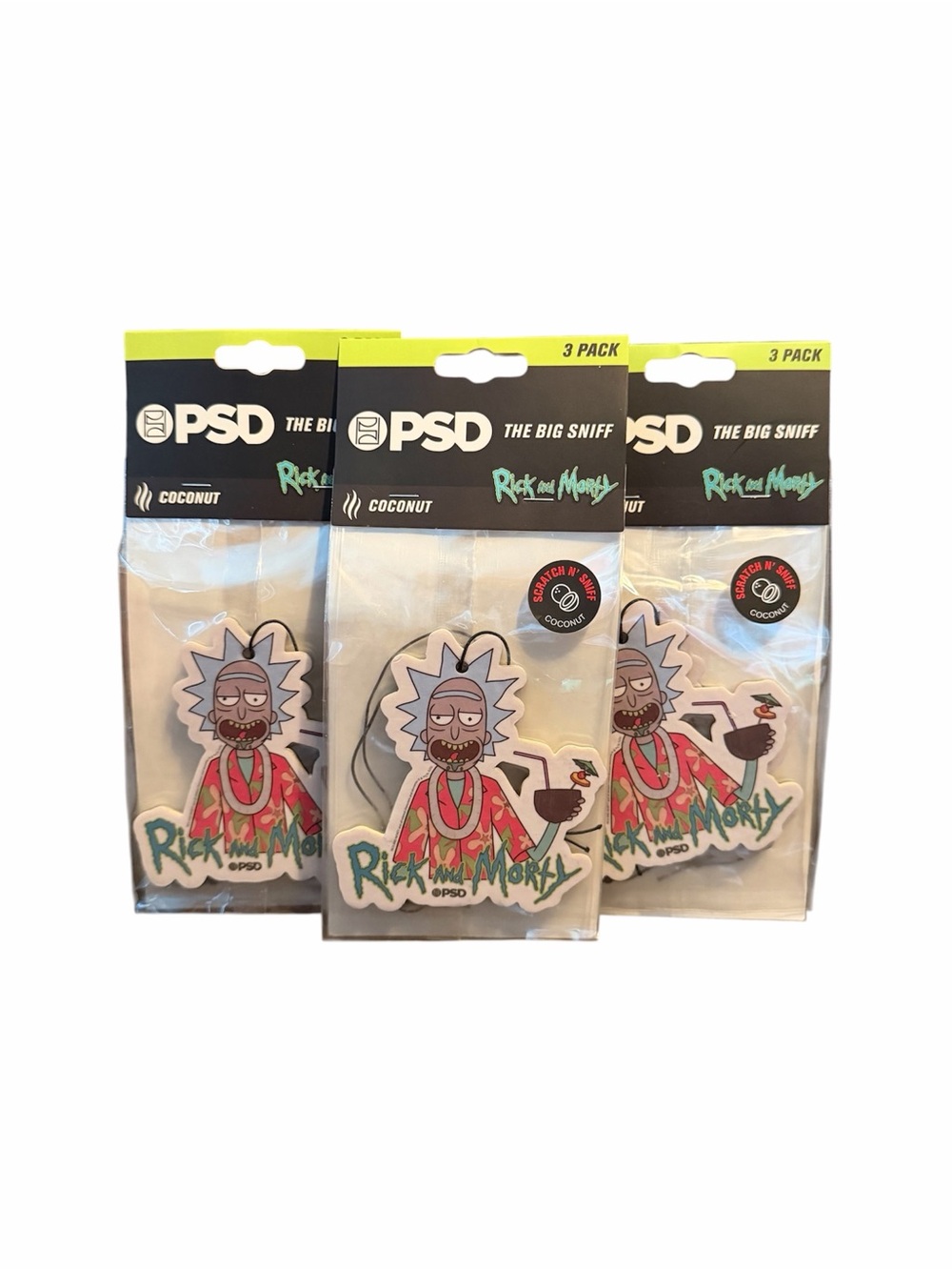 New PSD RICK AND MORTY Coconut Scented Car Air Freshener- 3 Count Pack, X3
